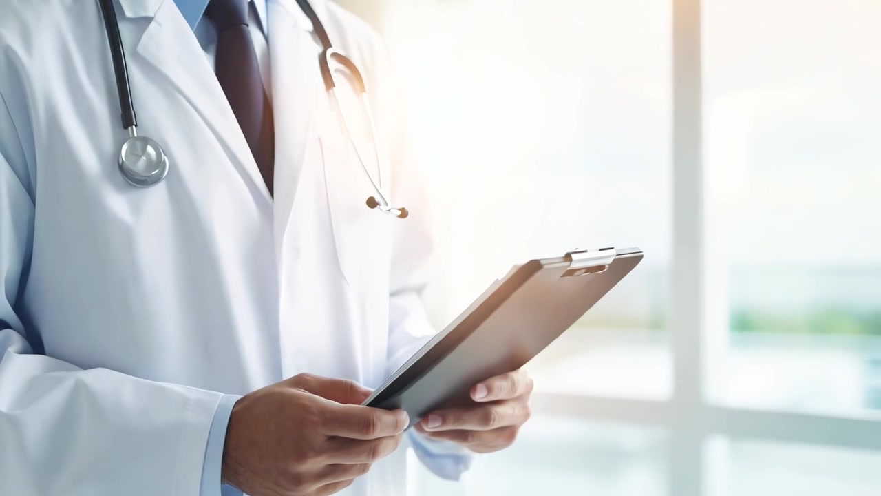 Doctor Holding Clipboard and Reviewing Medical Records in Hospital