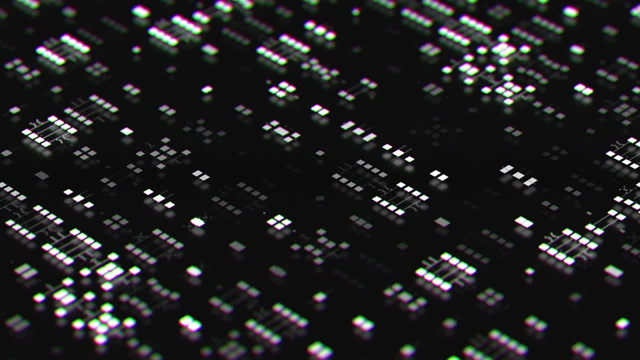 renderizado en 3d de símbolos de datos detallados abstractos. elementos cuadrados. piso reflectante.