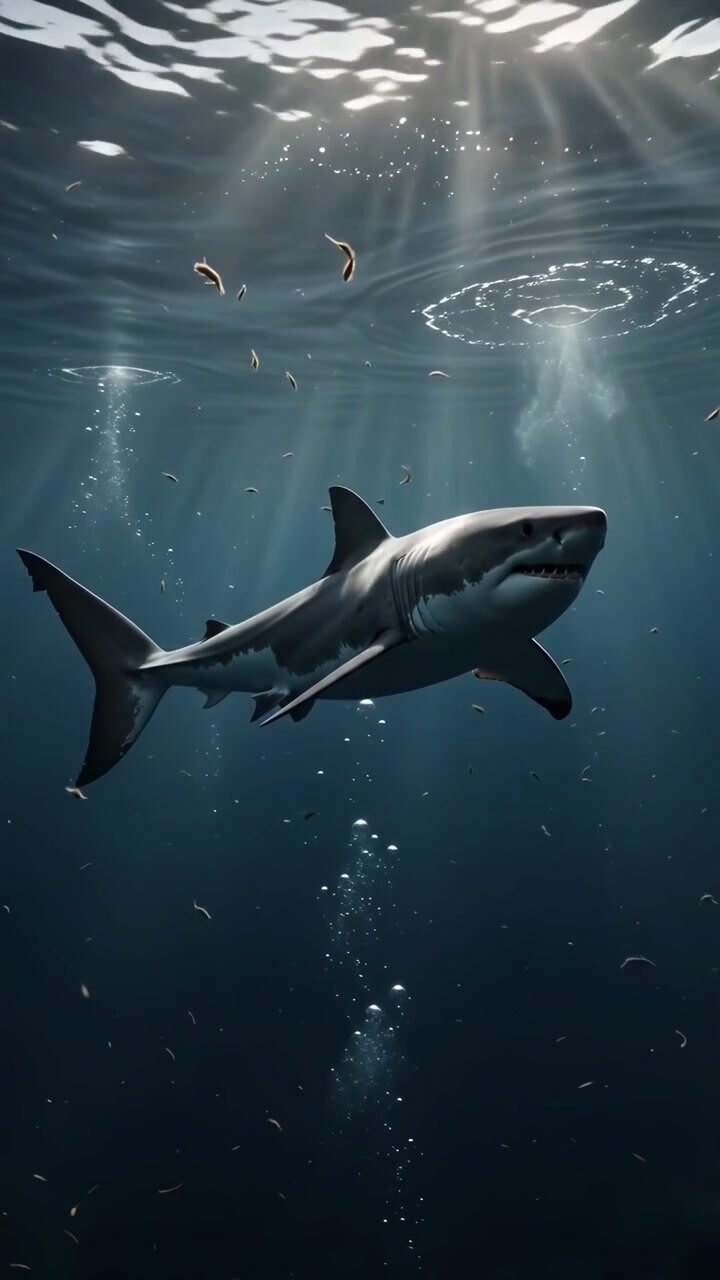 Great White Shark Swimming Underwater in Deep Ocean