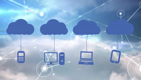 animación de la red de conexiones con iconos de nube y dispositivos electrónicos