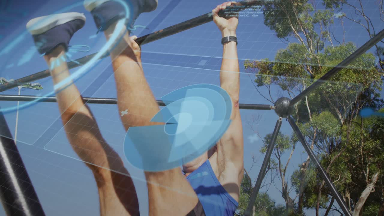 Man stabilizing grip, initiating leg-raise on fitness rig, engaging core, HUD sweeping over subject