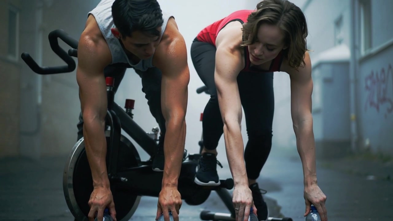 Leaning riders reaching to grasp bottles on spin bikes for hydration in alley drill, in tanks