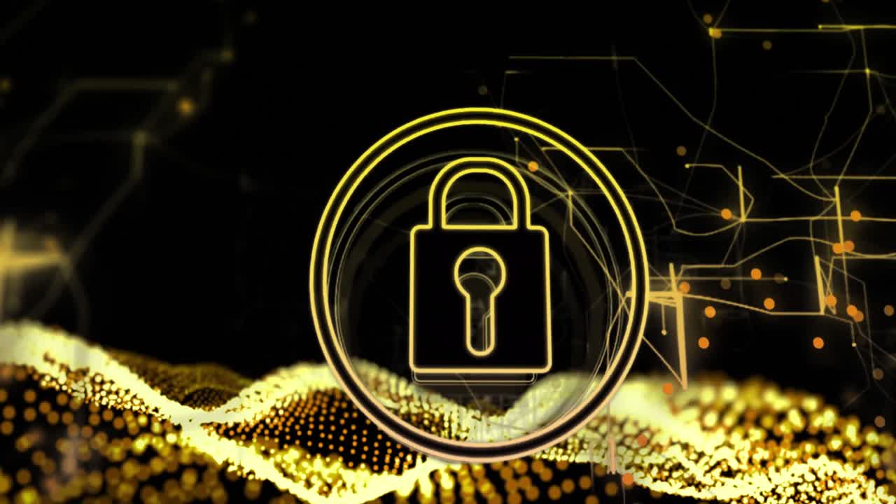 Animation of padlock over data processing on black background