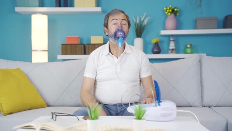 man wearing respirator at home.