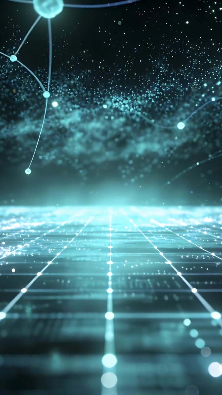 Vertical video: Moving camera making lit grid pulsing in data scene, showing data flow
