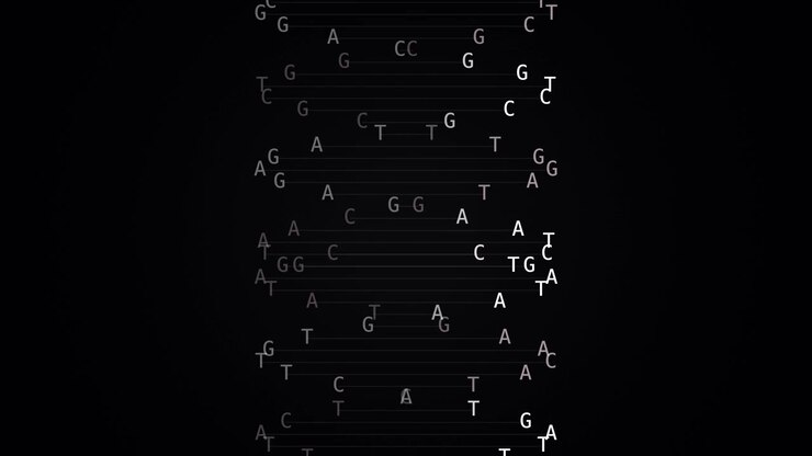 White genetic code letters fall vertically against a dark background in a digital matrix style