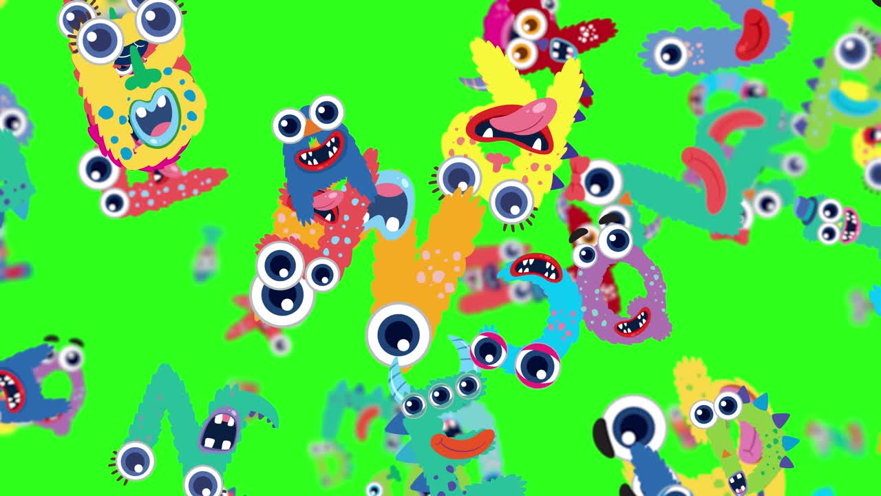 Playful animation of fluffy, colorful monster letters moving dynamically on a bright green backdrop