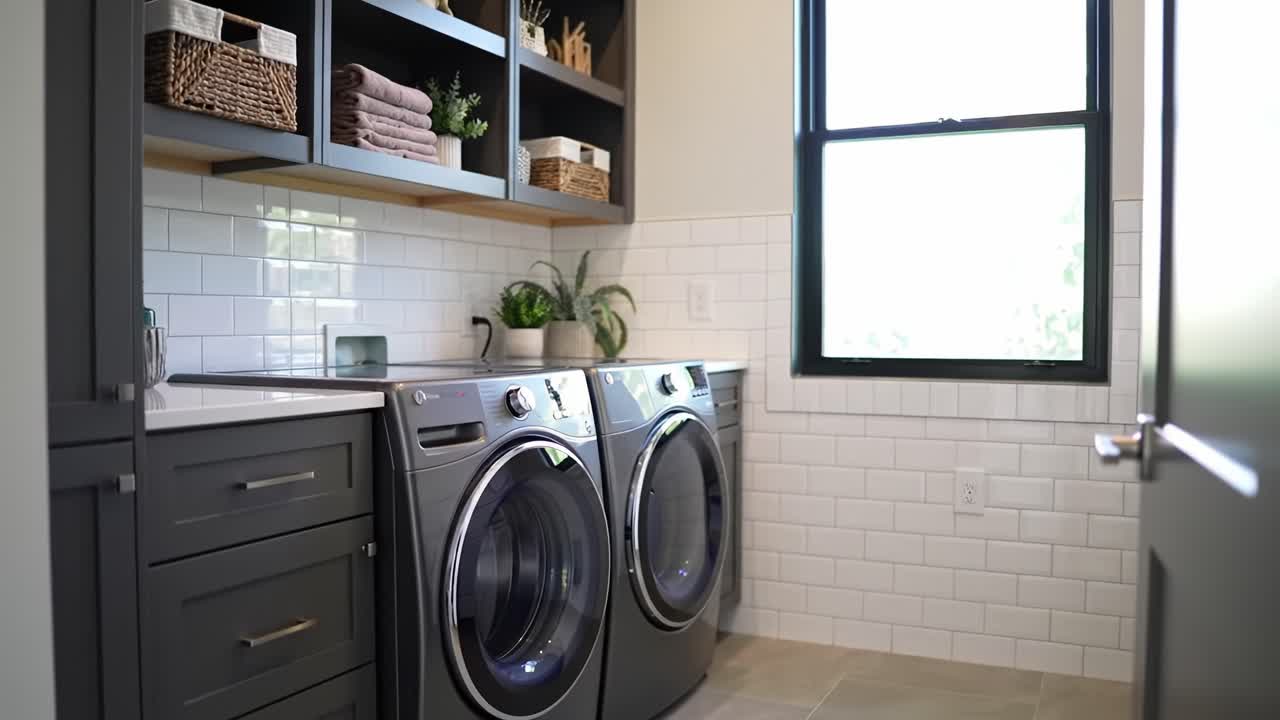 Modern Laundry Room Featuring Sleek Appliances and Stylish Storage Solutions with Natural Light Streaming Through Large Windows