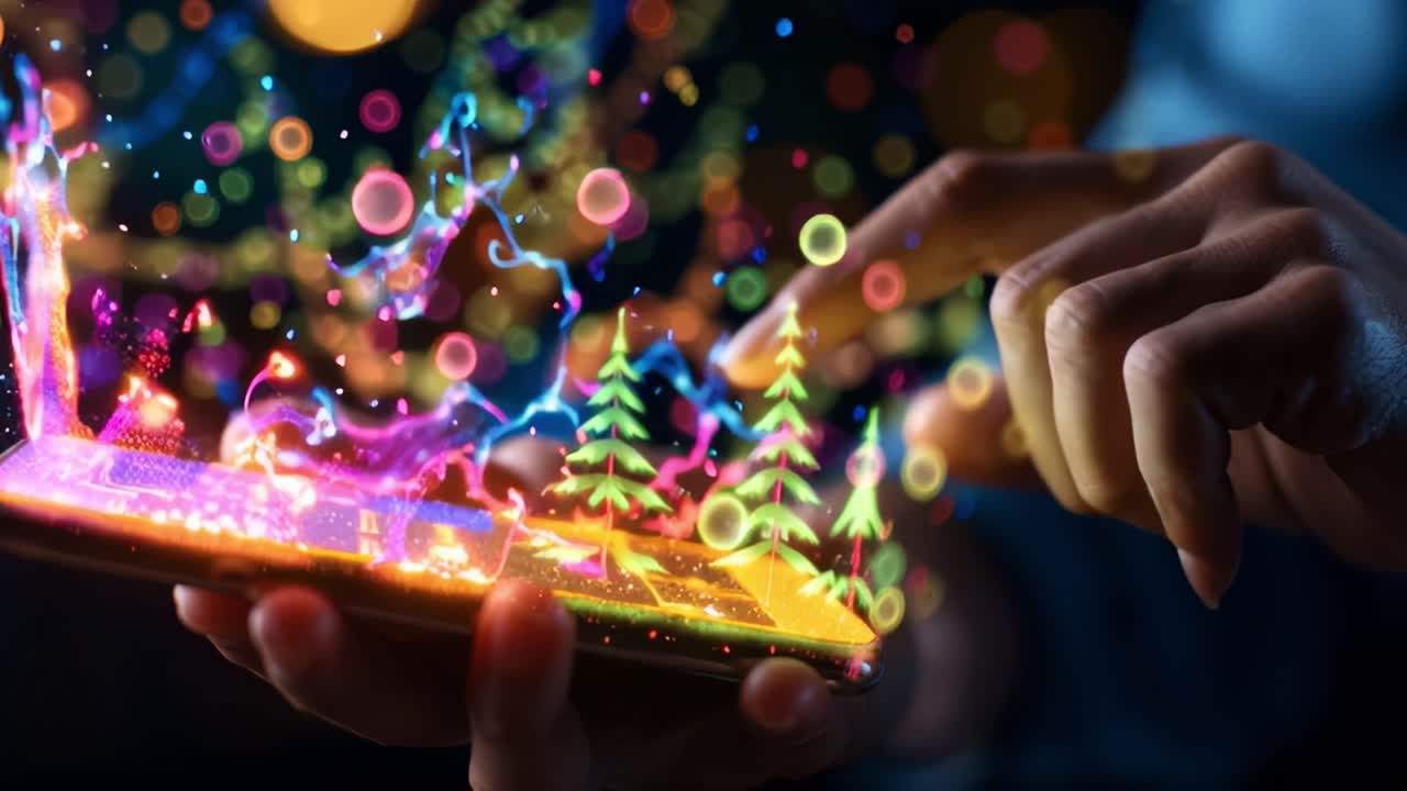 A vivid display of colorful visual effects erupting from a smartphone, showcasing animated elements like water splashes and playful trees, capturing the magic of digital interaction