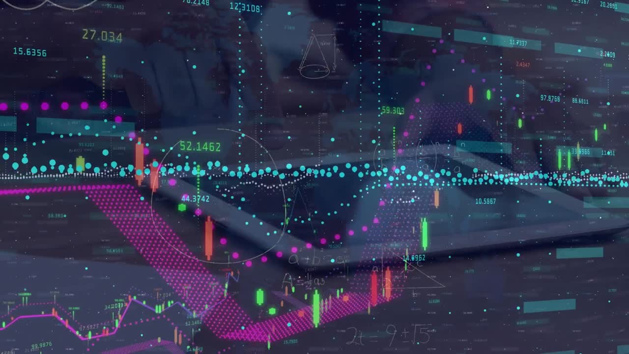 Animation of financial data and graphs over tablet lying on desk