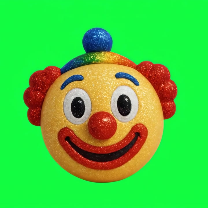 Giocattolo animato con faccia da clown scintillante su schermo verde