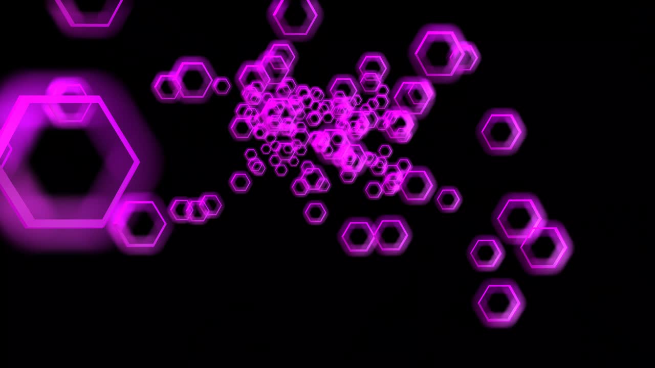 분홍색 네온 오각형, 빛의 움직이는 흐름, 검은색 배경에 추상적인 애니메이션.