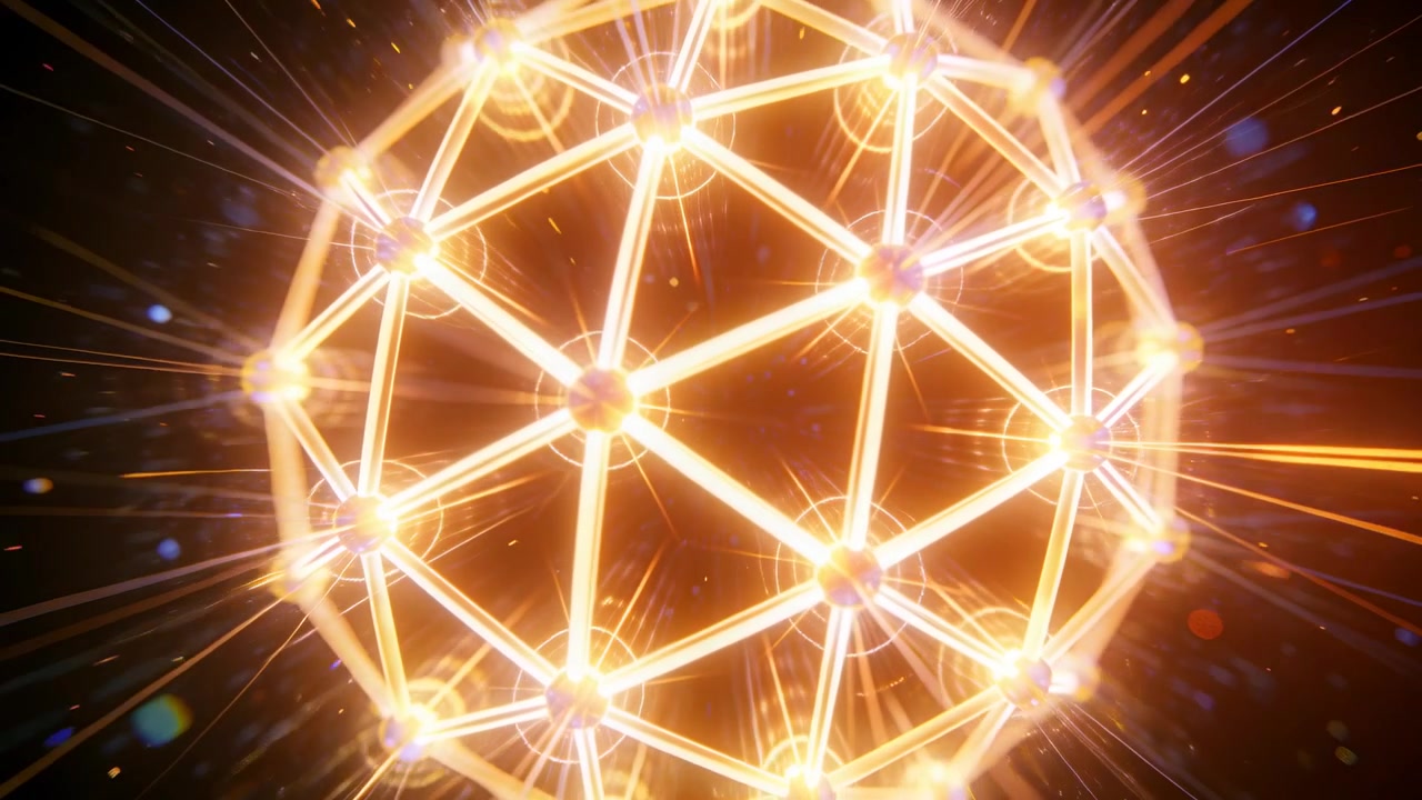 Sfera geodetica che si illumina con aste luminose che si intensificano verso una piena luminosità, emettendo scintille dai nodi.