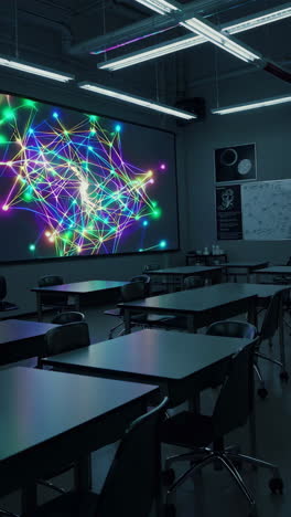 empty classroom with projector showing neural network diagram