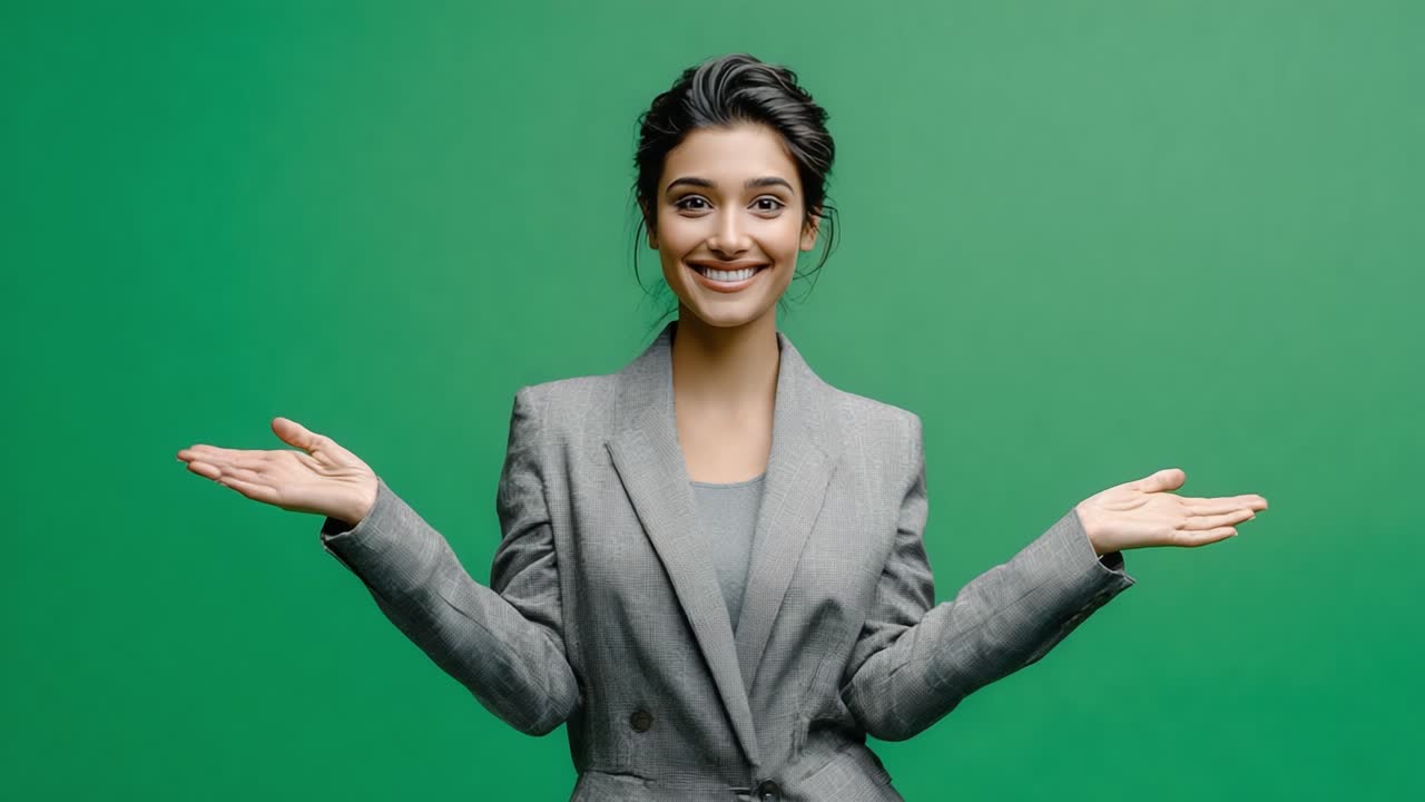 Una donna allegra in tailleur grigio posa su uno sfondo verde, sorridendo e gesticolando a braccia aperte, creando un'atmosfera positiva e invitante.