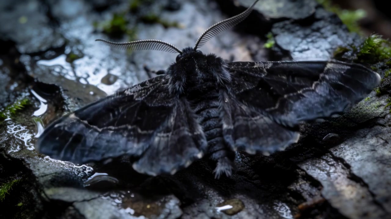 Ein dunkler Nachtfalter mit gefiederten Antennen öffnet seine Flügel und hebt nach dem Regen von moosiger Rinde ab, Wellen hinterlassend.