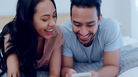happy couple, bed and selfie together in apartment