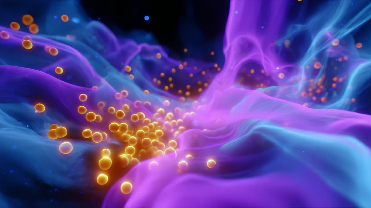A Stunning Visualization of Vibrant Particles in Motion within a Fluid Dynamics Environment, Capturing the Interplay of Colors and Forms Against a Dark Background Amidst Mystical Waves of Energy