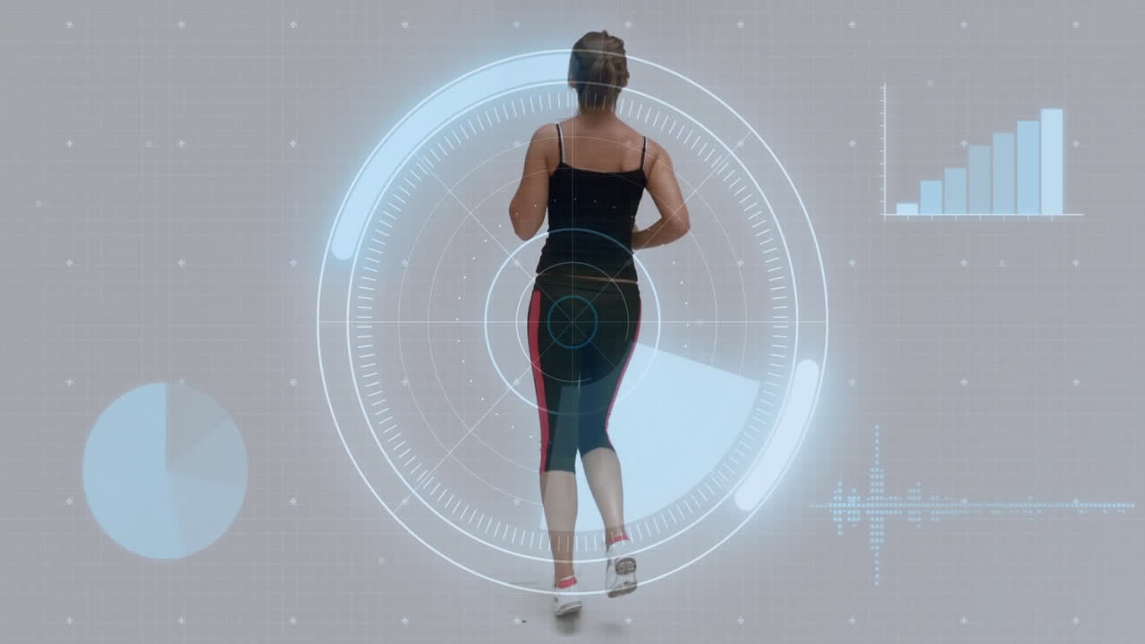 mujer corriendo con datos de fitness y gráficos de progreso animación