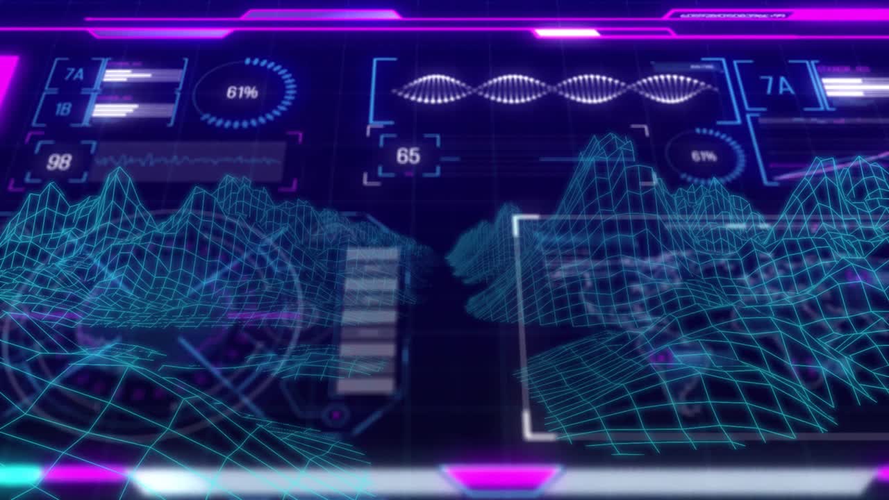 Displaying animation, futuristic digital interface with neon data graphs in school