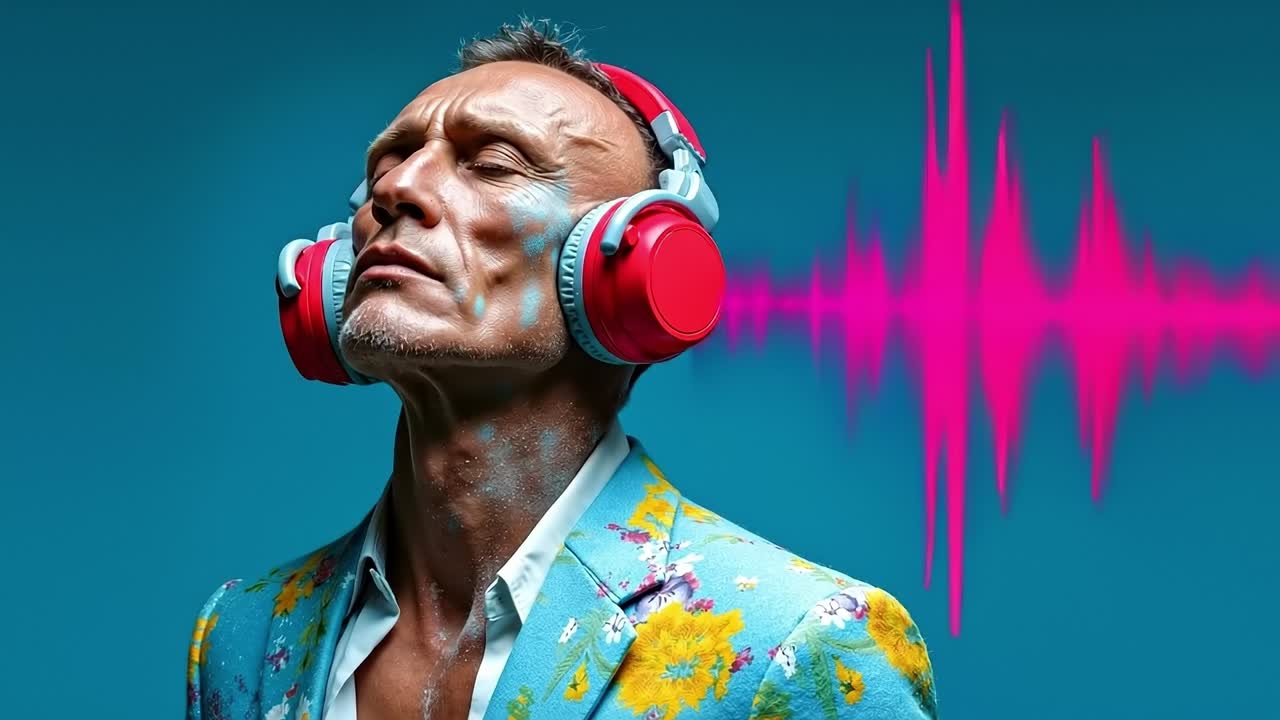 A man in a colorful suit with headphones on his head