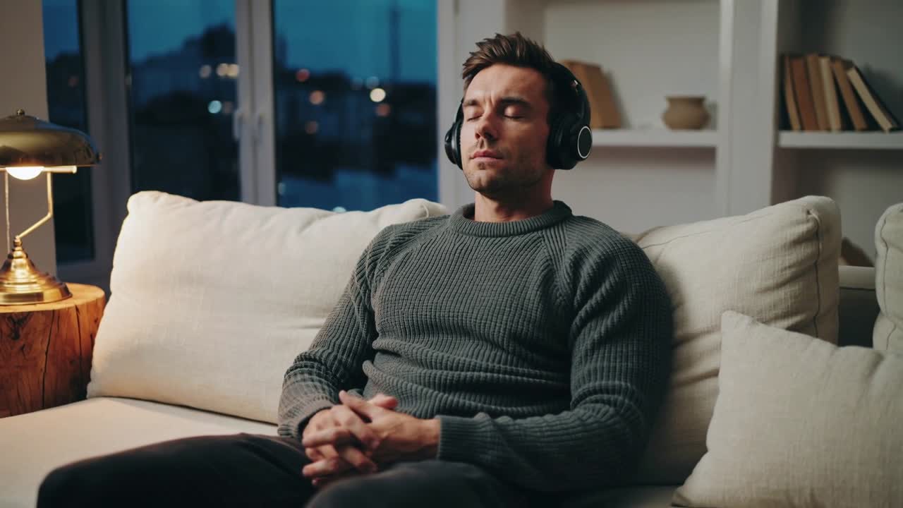 Listening man wearing headphones and green sweater on living room sofa, opening eyes at song ending