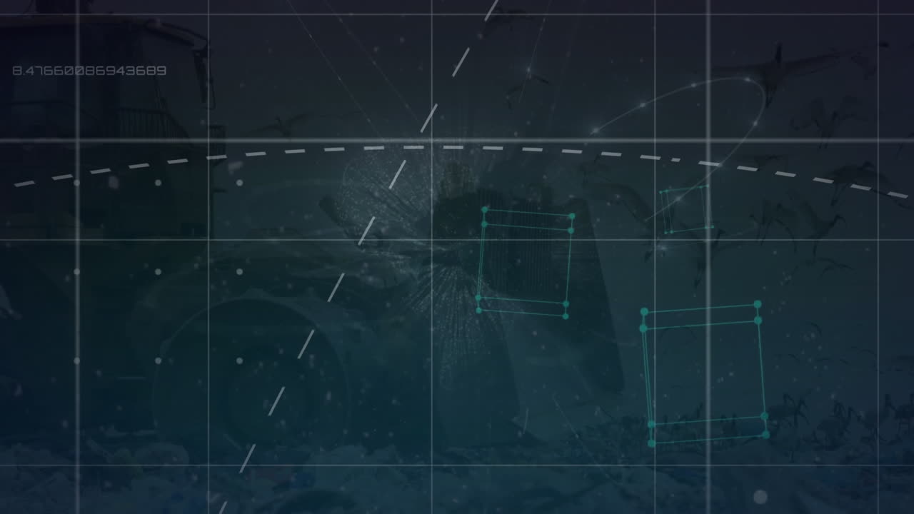 검은색 배경에서 회전하는 지구의 애니메이션과 데이터 처리