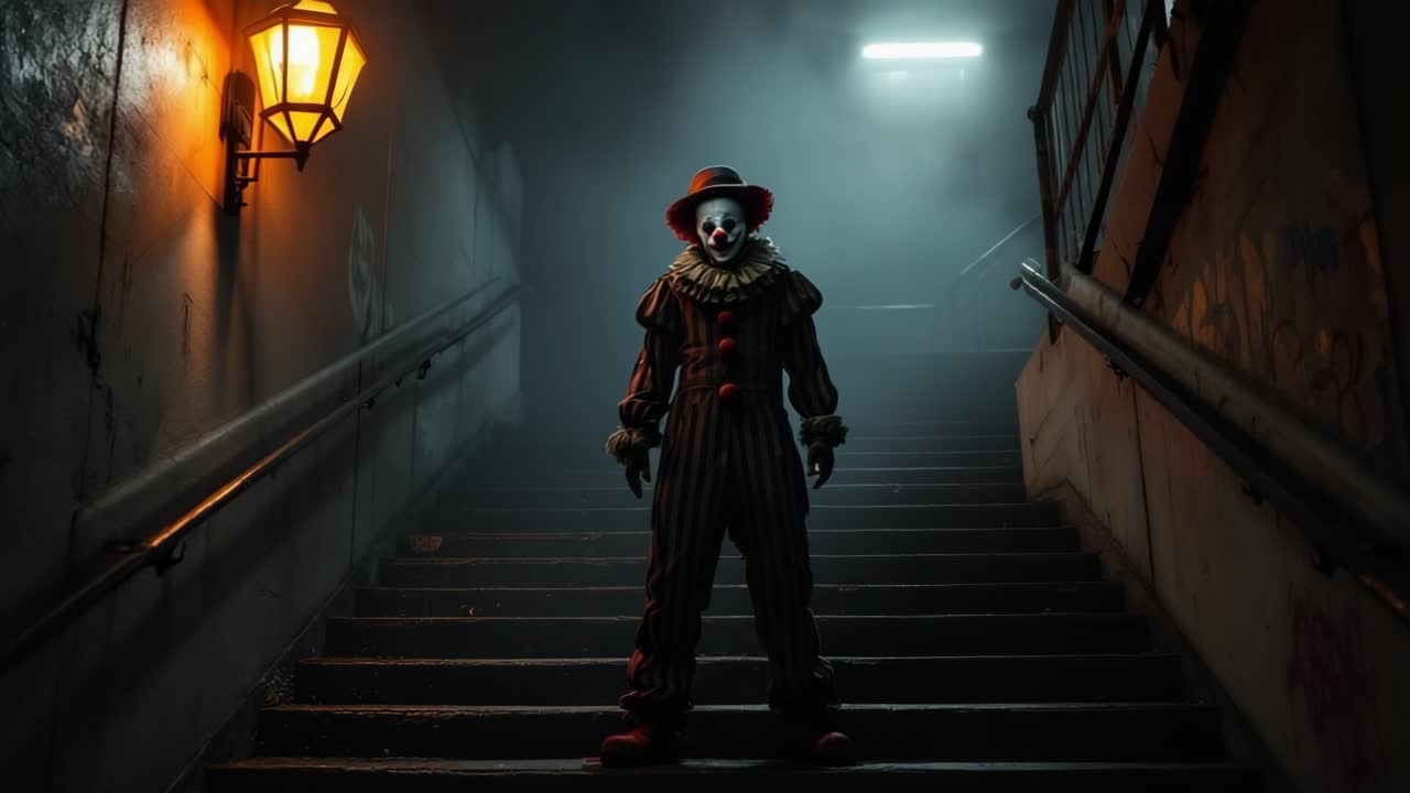 Eerie clown figure stands ominously on staircase illuminated by vintage lantern light