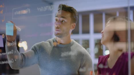 Diverse male and female colleague brainstorming and making notes on glass wall at night in office