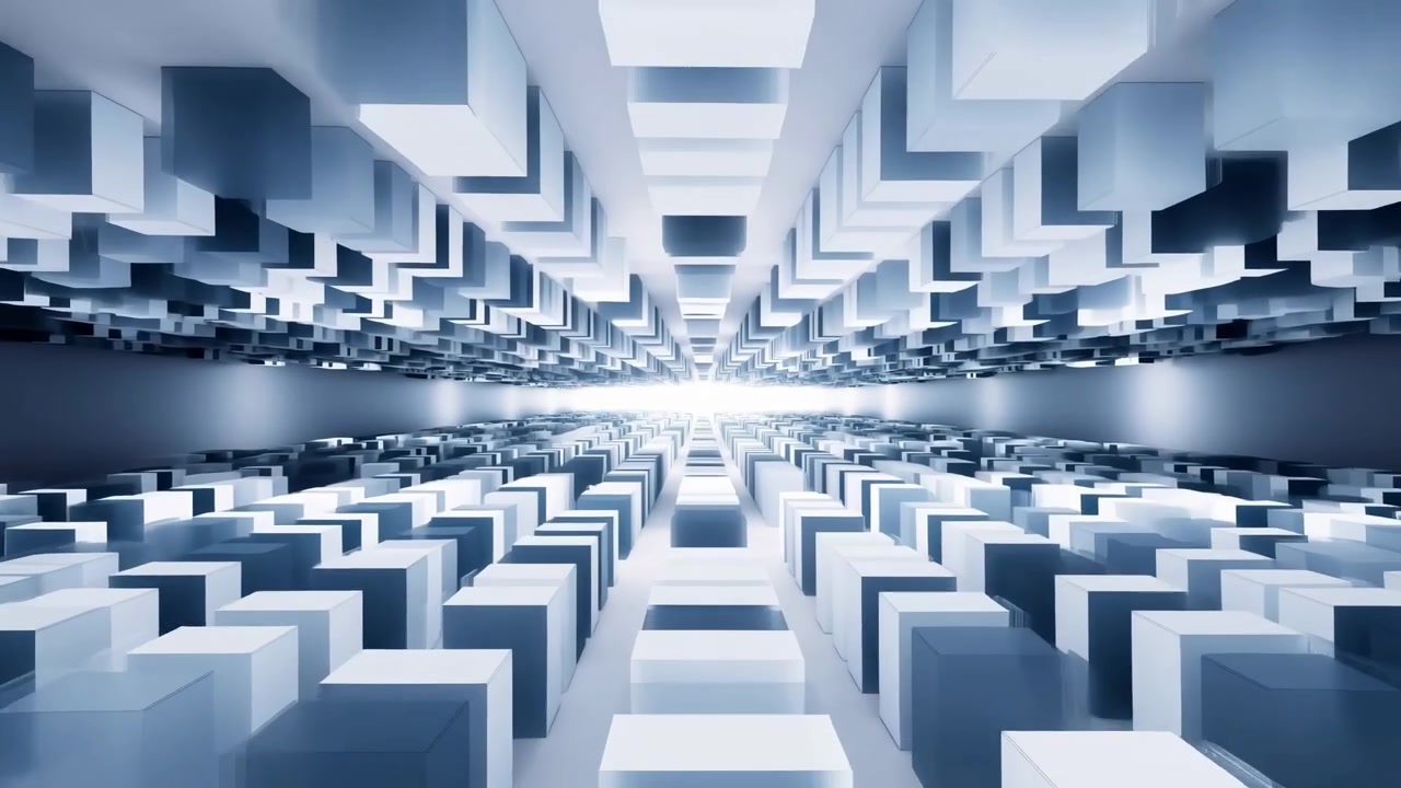 Low central viewpoint into mirrored corridor of three-dimensional rectangular blocks on floor and ceiling, showing uniform cuboid modules with smooth matte