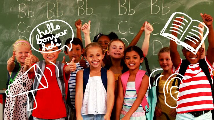 School concept icons against group of students gesturing thumbs up