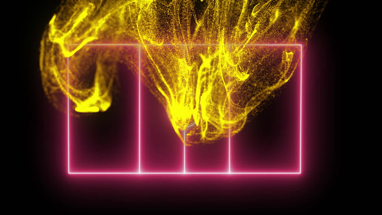 노란색 입자가 추상적인 모양을 형성합니다. 네온 분홍색 격자 위의 애니메이션.