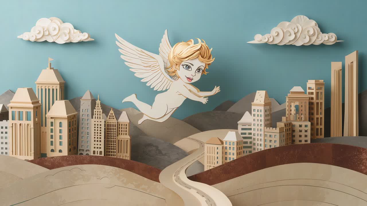 Gliding cherub moving right across paper-cut city artboard, sunbeams appearing and warming scene