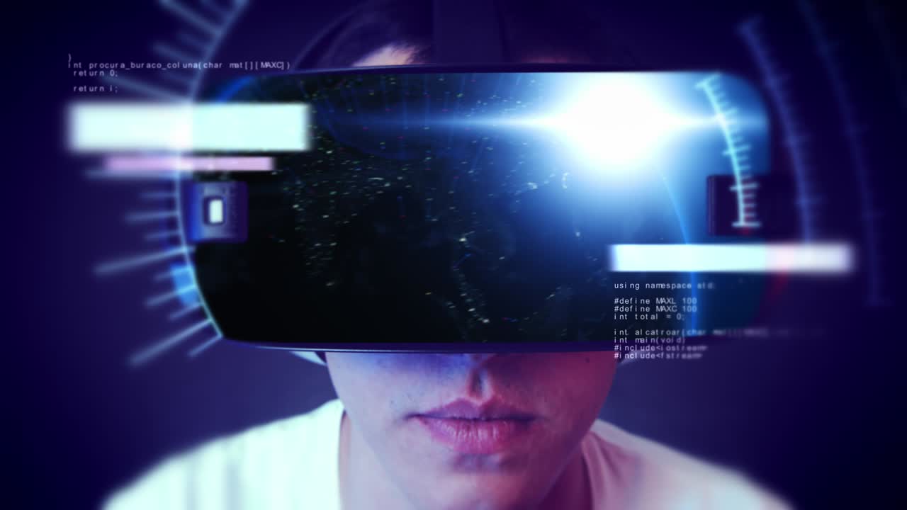 Handsome young man wearing VR headset and experiencing virtual reality.