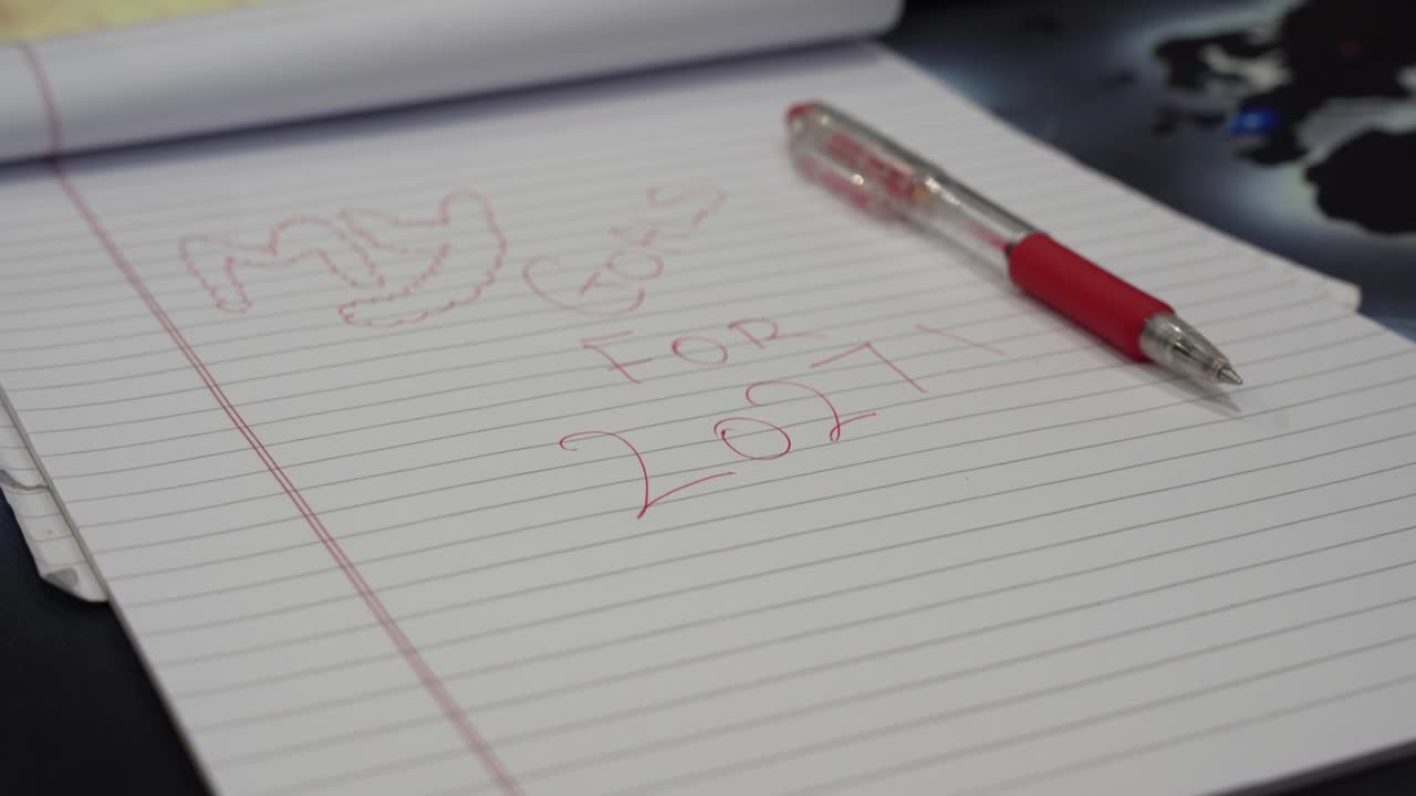 Close-up of a lined notebook with handwritten goals for 2027, a red pen, on a desk under soft indoor lighting
