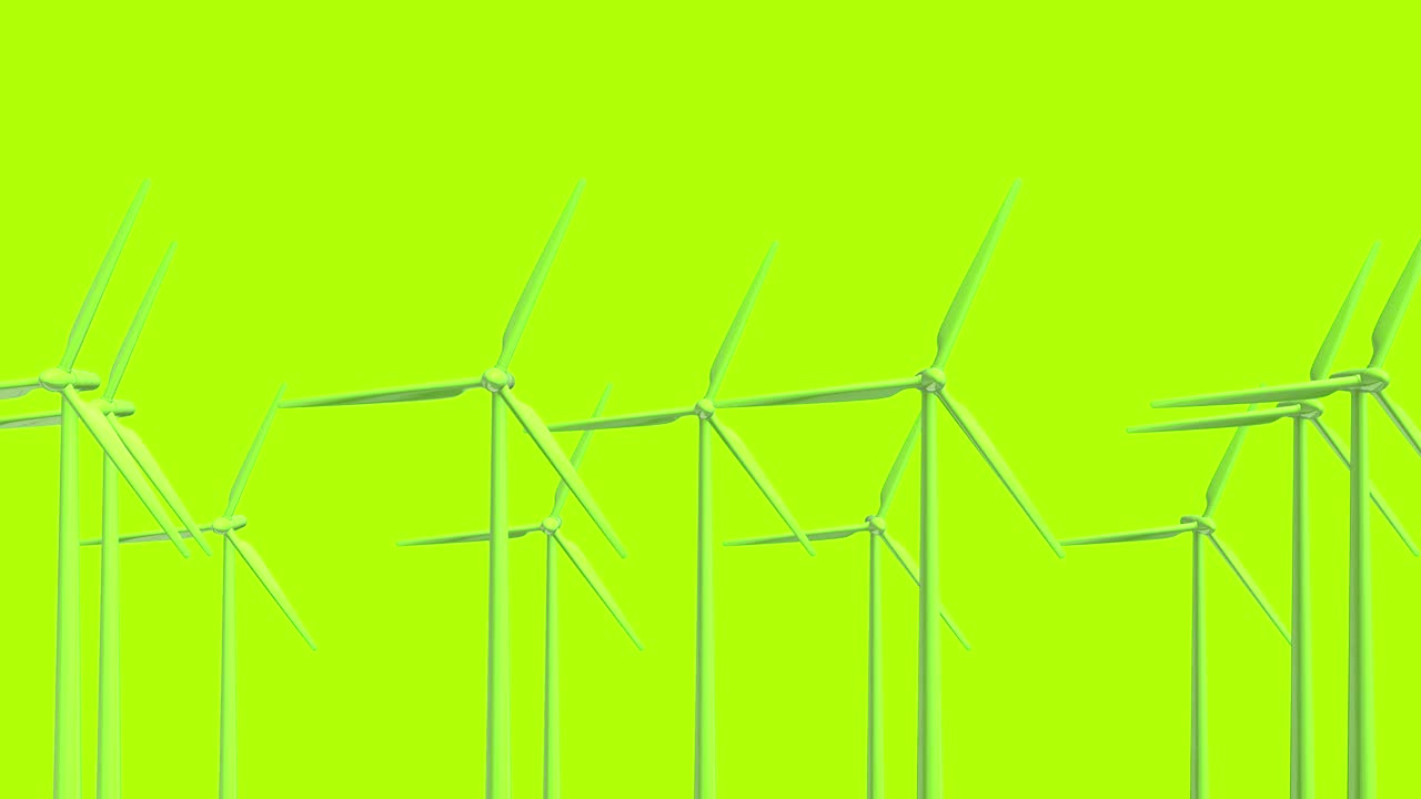 Aerogeneradores de dibujos animados coloridos en funcionamiento aislados sobre fondo simple. Concepto minimalista creativo de sistema de almacenamiento de energía. Animación digital 3D en bucle.
