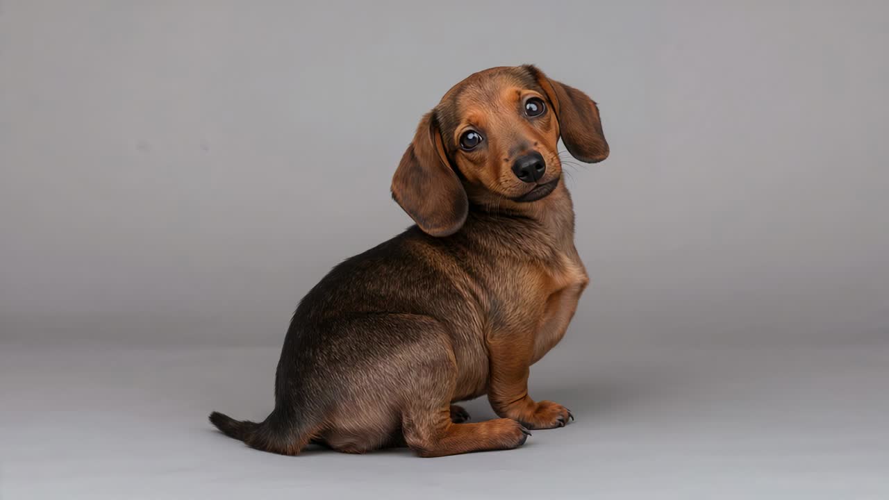 Brown dachshund puppy noticing camera lens in studio, tilting head flopping ears showing curiosity