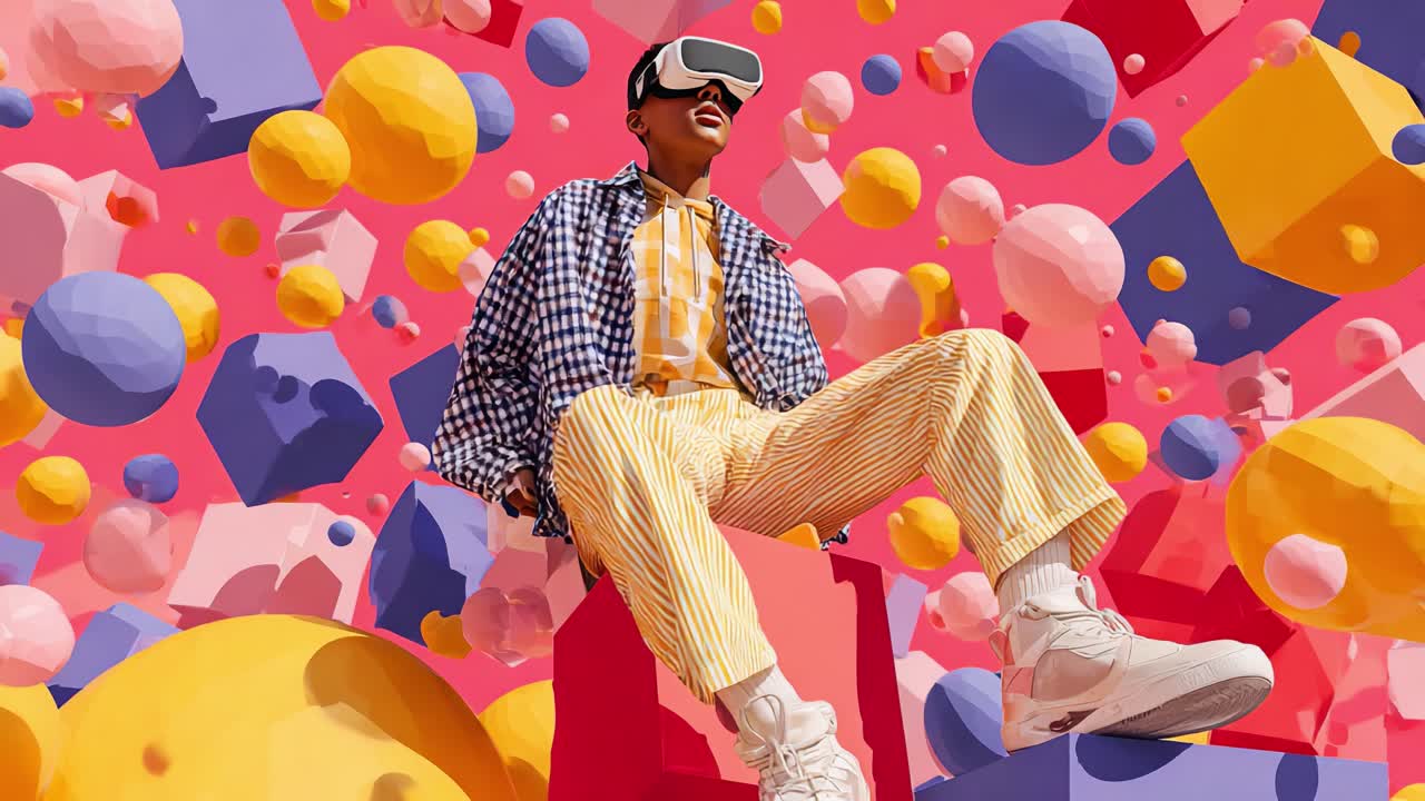 A person wearing a VR headset sits on a colorful block amidst a vibrant explosion of geometric shapes, including spheres, cubes, and abstract forms, creating a playful and dynamic atmosphere for virtual experiences