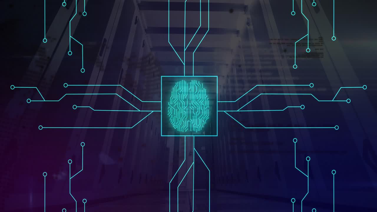 Animation of circuit board pattern, brain in square, globe against low angle view of server room