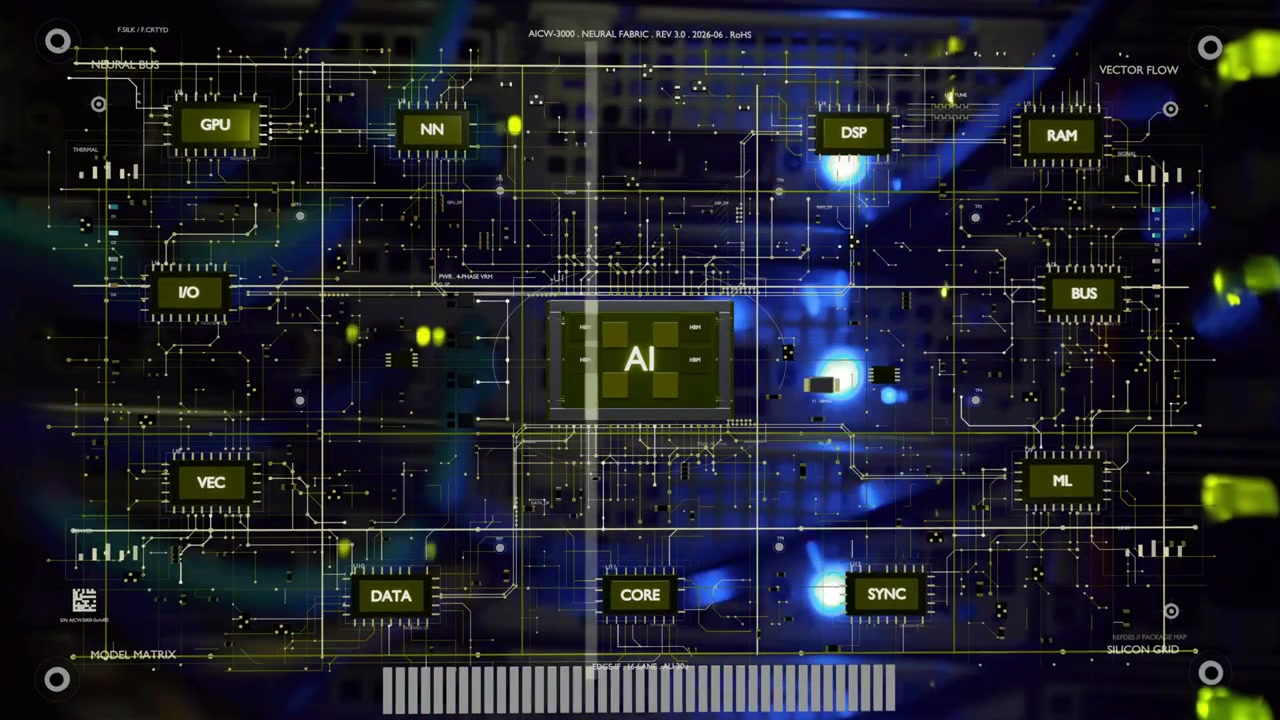 Small green AI graphic appearing, holographic schematic expanding on server rack, showing data flow