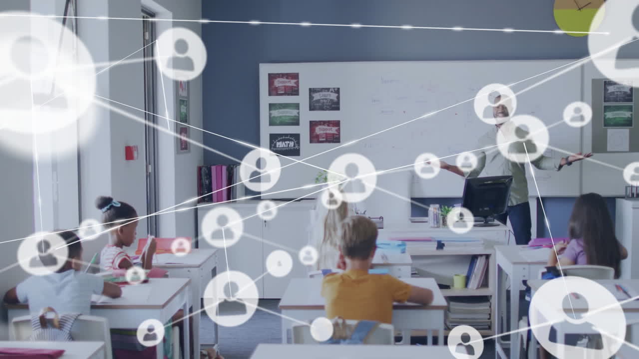 animación de la red de conexiones con personas íconos sobre diversos escolares y maestros masculinos