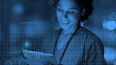 nurse using tablet with medical technology overlay