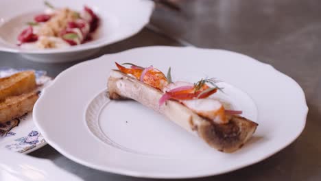 close-up panning shot of a beautifully decorated dinner plate with a course prepared on a bone