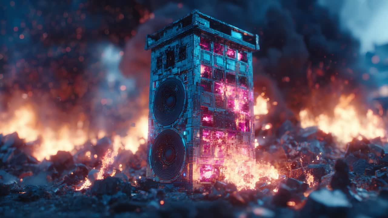 A Stunning Visual of a Dystopian Sound System Amidst Chaos, Featuring a Futuristic Boombox Surrounded by Flames and Smoke, Capturing the Essence of Resilience Through Sound