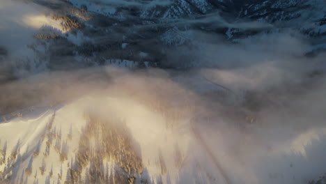 aerial view of winter morning fog and mist above snow capped hills and pine forest