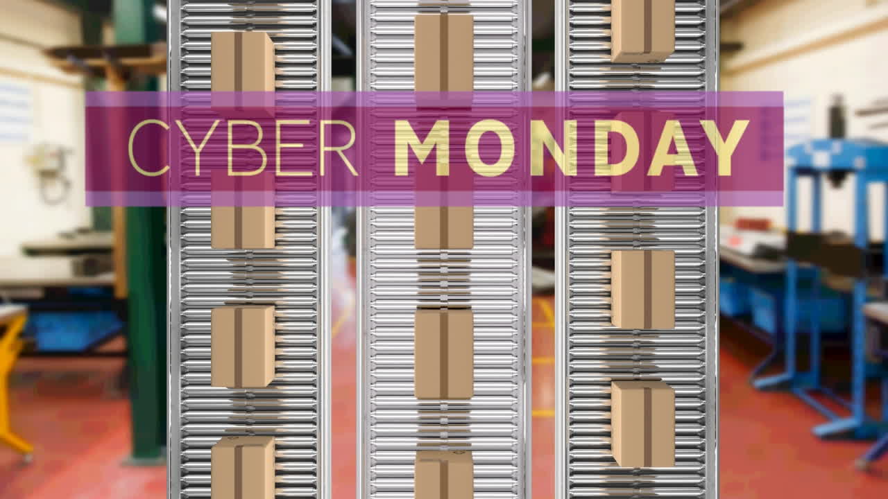 Animation of cyber monday text over cardboard boxes on conveyor belts