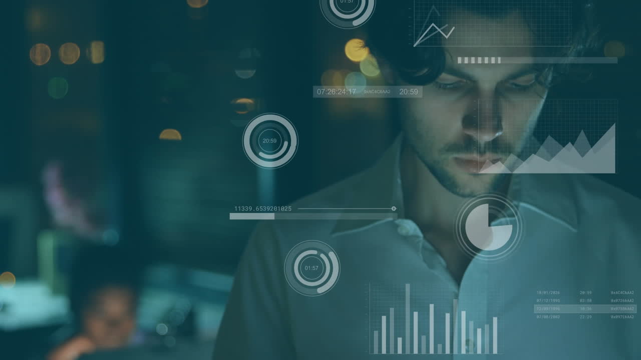 animación del procesamiento de datos estadísticos sobre un hombre caucásico que usa una tableta trabajando hasta tarde en la oficina