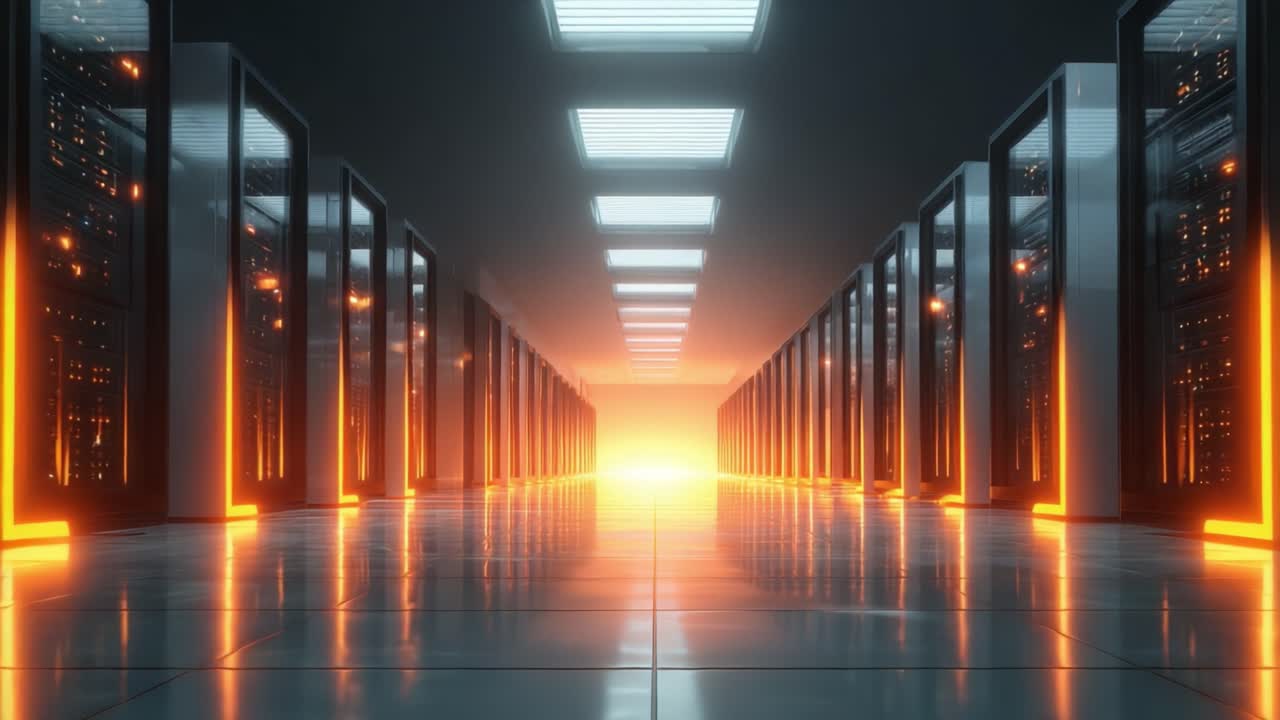 Un data center futuristico con file di server illuminati da un bagliore infuocato alla fine di un lungo corridoio riflettente, che mostra un'infrastruttura ad alta tecnologia.