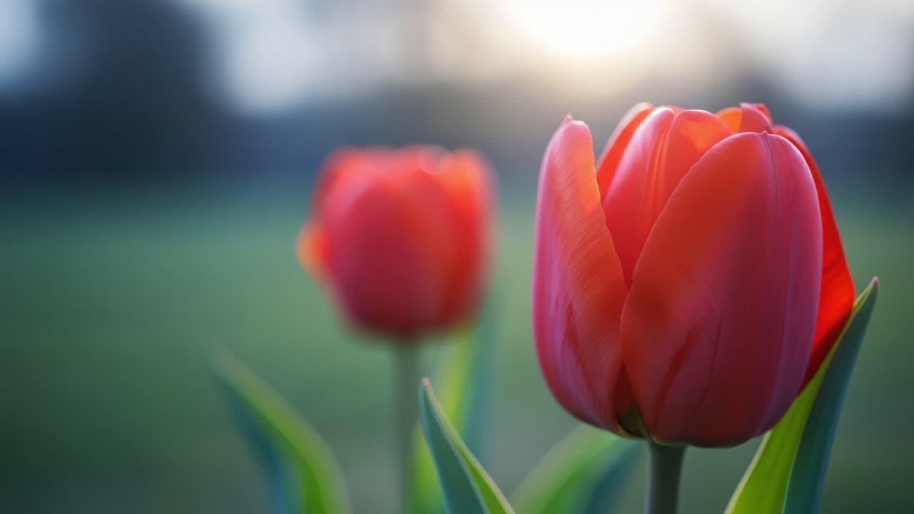 Vibrant Red Tulips in Bloom with a Soft Focus Against a Beautiful Sunset Background Captured in Two Elegant Frames Highlighting Nature's Splendor