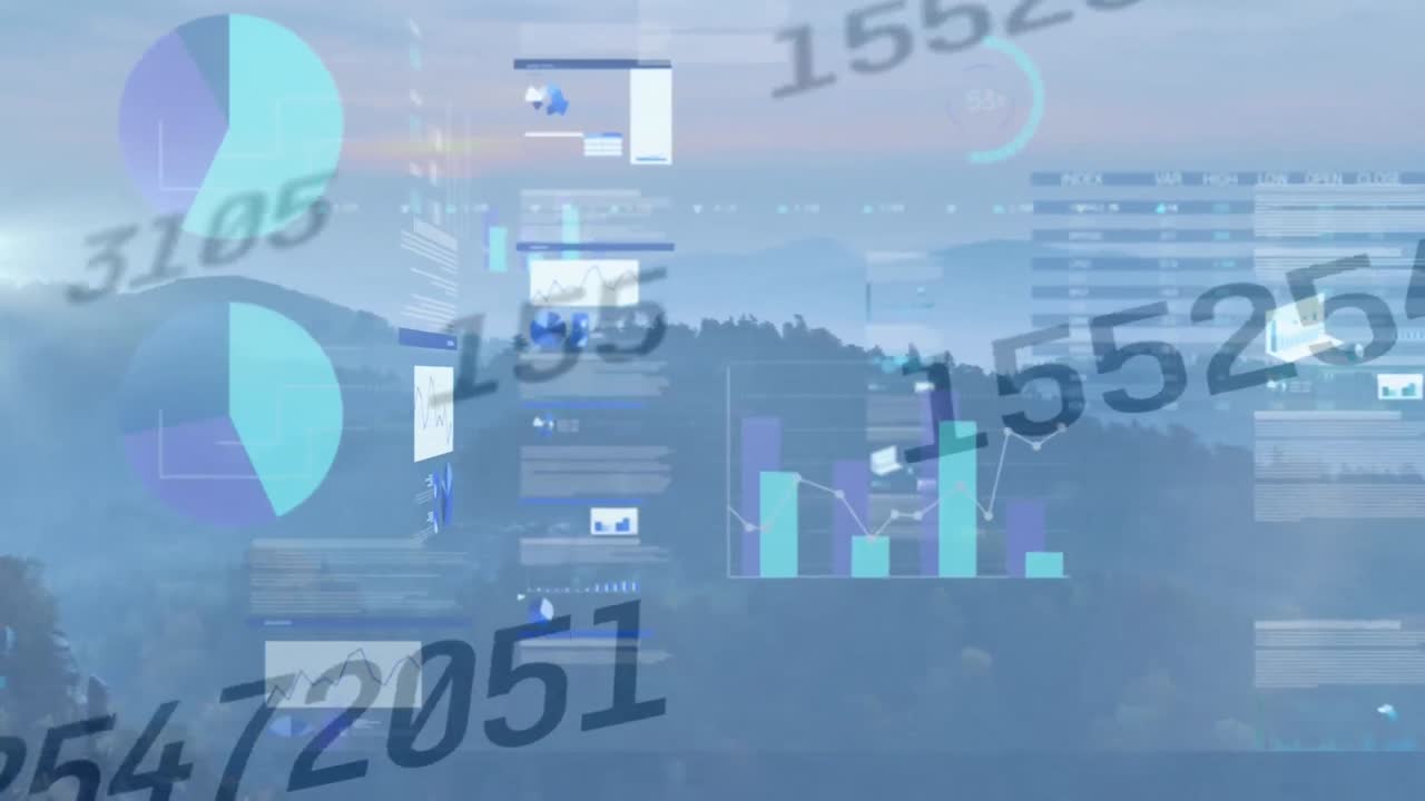 Animation of financial data processing and growing numbers over landscape